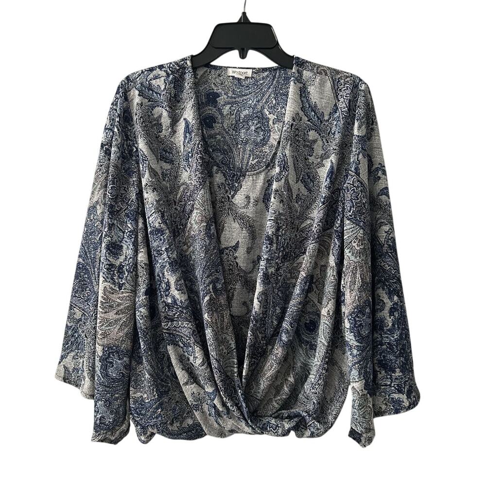 VGC Westport Paisley Blue Crisscross Front Scoop Attached Top Scarf Sleeve Large